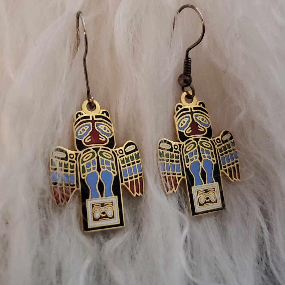 Gorgeous Gold & Colorful Native American- Totem Earrings